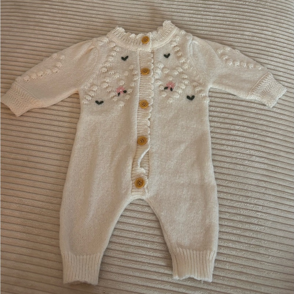 Cream Knit Floral Baby One-Piece Romper